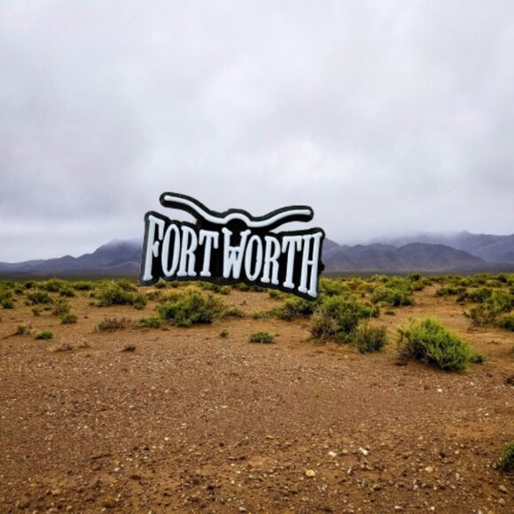 Fort Worth Texas Logo Pin Plastic White Letters on Black Background Longhorns - Picture 1 of 3